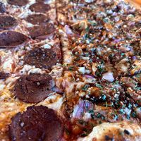 ½&½ vegan pepperoni and vegan bbq chick'n at Mikey's Late Night Slice - Dayton in Dayton