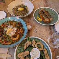 Calamari, vegan prawns, vegan sardines and shredded potatoes with palm hearts at Plantuguese in Bristol