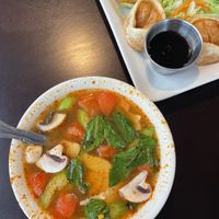 Tom Yum Gai and Fried Dumplings 😍 at My Thai Vegan Cafe in Boston