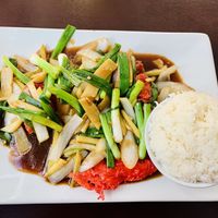 This was a lobster dish!  The tofu skin they wrapped this in to create the lobster look and taste was everything!    at My Thai Vegan Cafe in Boston