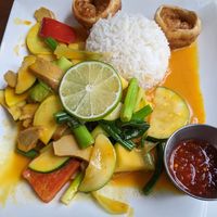 Mango curry with v chick'n and two dumplings at My Thai Vegan Cafe in Boston