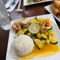 Lunch options are very good! Comes with dumplings or a spring roll and a bowl of soup too. The imitation meat is made of seitan and tastes quite good too. at My Thai Vegan Cafe in Boston
