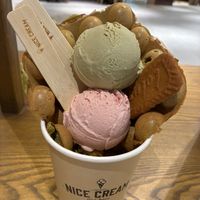 Matcha bubble waffle with Sicilian pistachio gelato and strawberry gelato at Nice Cream - Xinyi in Taipei