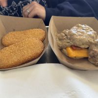 Hashbrowns, biscuits and gravy. Don’t know what the fake bacon is, but it tastes good!  at Pure Soul Kitchen Co. in Sacramento