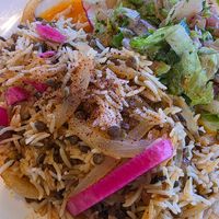 Mujaddara platter (lentils, rice & onions) at Nick's Taverna in Ashburn