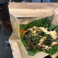 Pandawa with jackfruit curry (the best I’ve ever had), spinach (check for fish sauce), green beans and potatoes, and the normal giant sized grass jelly drink  at Pandawa Nasi Bungkus Australia in Sydney