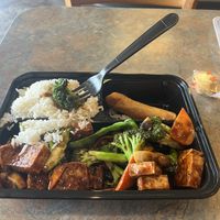 Tofu and veggies in brown sauce with a spring roll   at Rice Fun - Mooresville in Mooresville