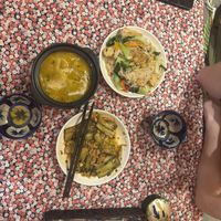 Pumpkin coconut cream (also came with rice), fried noodles with tofu veg, and eggplant with onion and garlic.  at The Tamarind Tree | Restaurant and Coffee in Da Nang
