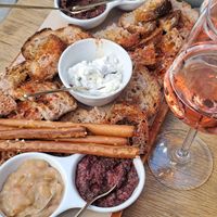 Bread with olive paste, tzatsiki, feta and smoked eggplant souce at Drunky Goat in Athens