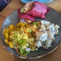 Wrap of the day with three salads from the salad bar at Waterside Cafe in Kendal