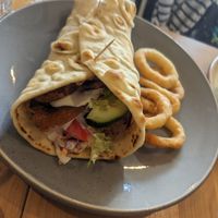 Seitan kebab and onion rings at Waterside Cafe in Kendal