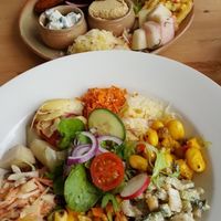 Falafel burger and Super Salad at Waterside Cafe in Kendal