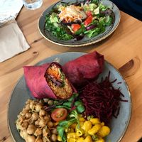 Tempeh Wrap and Baked Mushroom at Waterside Cafe in Kendal