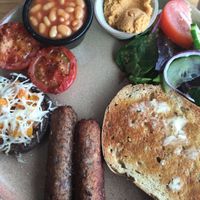 Vegan breakfast with hummus, baked mushrooms and toast at Waterside Cafe in Kendal