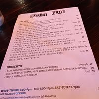 Menu at Bullet Club in Glenelg