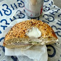 Everything Bagel with Tofu Cream Cheese, Cucumber, and Red Onion Sandwich at H&H Bagels in Boca Raton