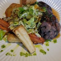 Sweet potato & bean cakes with roast veg at The Bull Inn in Bury St Edmunds