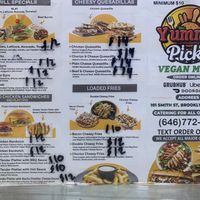 Vegan menu showing many sandwiches, bowls, etc  at Yummy Picks Deli in Brooklyn