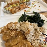 Peanut Sauce Tofu with Krispy Spinach and Sweet Potato Rolls  at Tenon Vegan Sushi in New York City