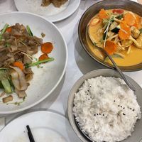Pad see ew and red curry with coconut ricee  at Let's Eat Thai Katoomba in Katoomba