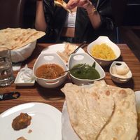 Naan, rice, mixed veg and palak curry, pickled things, riri at Sweet India in Gunsan
