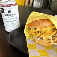 Hibiscus Lavender kombucha and a New Mexico Style Burger.  at Lucky Goose in Albuquerque