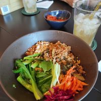 Tahini dry noodles and tamarind ginger drink at Open Sesame - Café & Noodle Bar Vegetariano in Porto