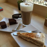 yummy cake, good coffee (and I'm quite picky, being spoilt with NZ coffee), and a little sample of the brownie. All delicious.  at Wondergood Bistro in Frankfurt