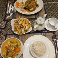 Pad Thai, salt and pepper chips, massaman curry and coconut rice. at Asaya Thai Restaurant in Keswick