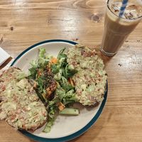 Guacamole on Sourdough with salad + iced latte at Chura in Dharamshala