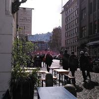 View from the seating area outside towards Elbphilharmonie at Ti Breizh in Hamburg