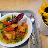 Green beans and potatoes in lemon sauce with rice at Lotos 2 Naturkostladen in Nuremberg