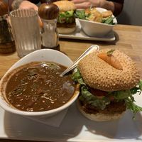 Tofu burger with Moroccan sweet potato soup🍔🥣  at Issac's Way in Fredericton