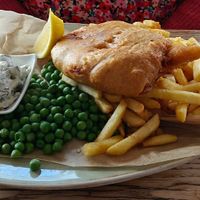 Celeriac "fish" + chips + peas + vegan tartare sauce at The Loft in Sidmouth