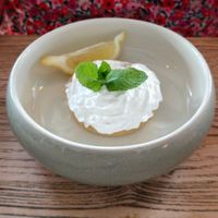 Lemon tart with vegan squirty cream at The Loft in Sidmouth