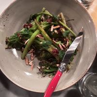 caulini, minted green chickpea, almond, calabrian chili, nasturtium at Decade in Louisville