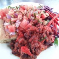 Vegan bruschetta on Turkish bread with a side of beans at Country Road Cafe in Perth