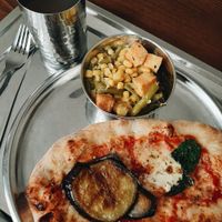 Pizza with eggplant and veggies with tofu at Govinda in Eger