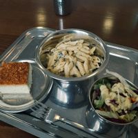 Penne with salad and almond cake for dessert at Govinda in Eger