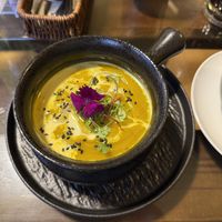 Creamy pumpkin soupp  at Sumac Vegano in Cusco