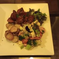 Anticucho de saitan, with roasted potatoes and vegetables. 28 soles. at Sumac Vegano in Cusco