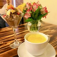 Chocolate mousse and golden milkk  at Sumac Vegano in Cusco