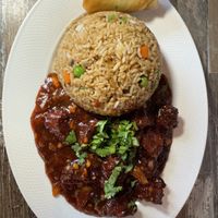 Vegetable Manchurian Pakora, Fried Rice and Spring Roll - All Vegan - Lunch Special  at Nepali Momo House and Hakka Cuisine McLaughlin Road in Brampton