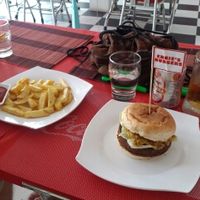 Vegan falafel burger and large fries at Ernie's Burgers in Sihanoukville