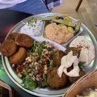 Cucumber yogurt, baba ghanoush, hummus, falafel and sweet potato falafel (part of The Persepolis Full Feast)  at Persepolis - Snackistan in South East London