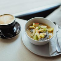 Breakfast: Chia with Caju-Acerola and Fruits Topping
with an Almond Milk Cappuccino at Daluma in Berlin