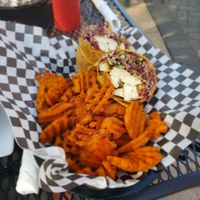 Thai tofu wrap, sweet potato fries, and a bloody mary at Louie's in Ashland