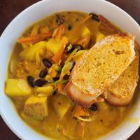 Curry with beans, potatoes, pumpkin, Tofu, coconut sauce at Frenchman's Bay Restaurant in St Elizabeth Parish
