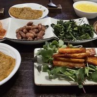 Side dishes and kimchi pancake and some kinda spicy vegetable (didn't catch what it was) at Maji - 마지 in Seoul