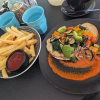 Avocado veggie bruschetta (vegan option without feta) and hot chips (ask for without chicken salt). at The Fannie Bay Coolspot in Fannie Bay